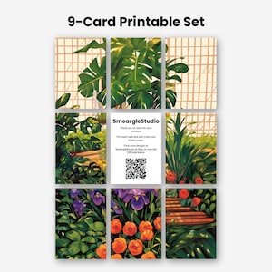 May include: A 9-card printable set featuring botanical illustrations of green monstera leaves, purple irises, and orange flowers against a grid background. The center card displays SmeargleStudio text, instructions, and a black QR code.
