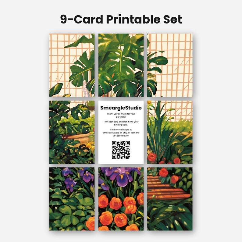 May include: A 9-card printable set featuring botanical illustrations of green monstera leaves, purple irises, and orange flowers against a grid background. The center card displays SmeargleStudio text, instructions, and a black QR code.