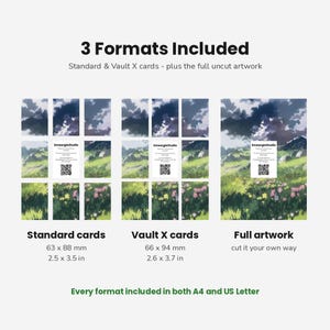 以下が含まれることがあります： 3 Formats Includedと記載されたデジタル製品表示。標準カード（63 x 88 mm）、Vault Xカード（66 x 94 mm）、フルアートワークの3種類が含まれています。画像には緑の丘、花、曇り空の風景イラストが描かれています。