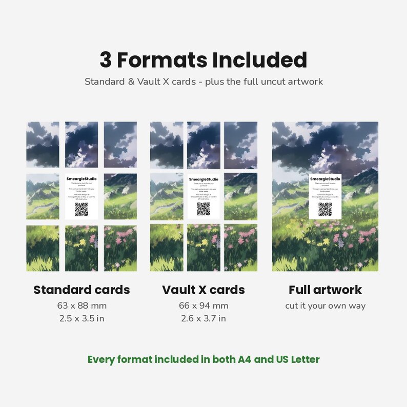 以下が含まれることがあります： 3 Formats Includedと記載されたデジタル製品表示。標準カード（63 x 88 mm）、Vault Xカード（66 x 94 mm）、フルアートワークの3種類が含まれています。画像には緑の丘、花、曇り空の風景イラストが描かれています。