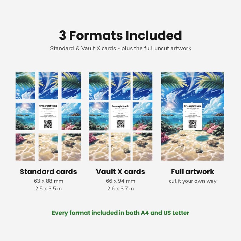 K&ouml;nnte beinhalten: Eine digitale Produktanzeige mit 3 enthaltenen Formaten: Standardkarten 63 x 88 mm, Vault X-Karten 66 x 94 mm und vollst&auml;ndiges ungeschnittenes Bildmaterial. Jeder Bereich zeigt eine tropische Unterwasserszene mit Korallen.