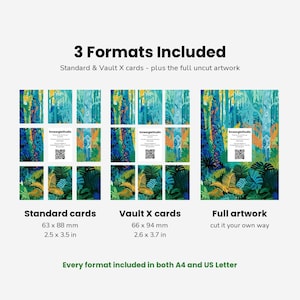 May include: A digital display showing 3 Formats Included: Standard cards at 63 x 88 mm, Vault X cards at 66 x 94 mm, and full uncut artwork. The design features a vibrant forest scene with blue, green, and yellow foliage. Every format is in A4 and US Letter.