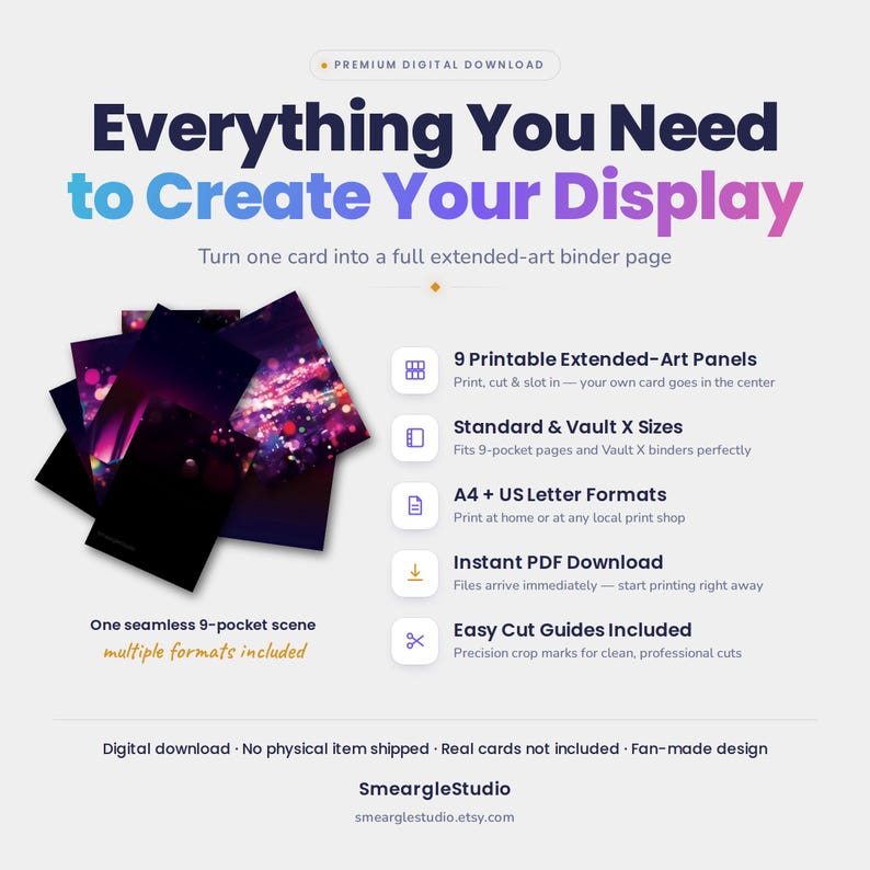 May include: A digital download product featuring 9 printable extended-art panels for binder pages. The graphic displays text including Everything You Need to Create Your Display, 9 Printable Extended-Art Panels, Standard & Vault X Sizes, A4 + US Letter Formats, Instant PDF Download, and Easy Cut Guides Included.