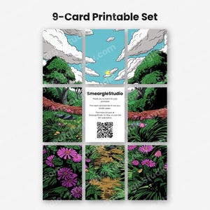 May include: A 9-card printable set featuring a continuous landscape illustration with blue skies, white clouds, green trees, a fallen log, and purple flowers. The center card displays the text SmeargleStudio, a thank you note, and a QR code.
