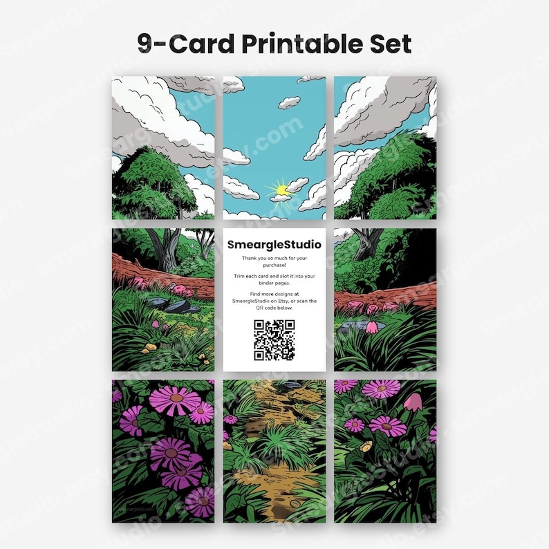 May include: A 9-card printable set featuring a continuous landscape illustration with blue skies, white clouds, green trees, a fallen log, and purple flowers. The center card displays the text SmeargleStudio, a thank you note, and a QR code.