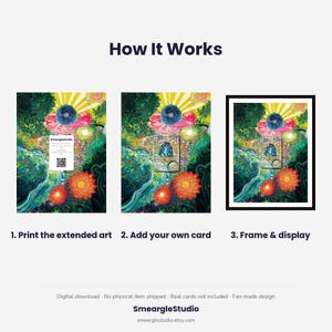 May include: A three-step instructional graphic titled How It Works showing a colorful, detailed fantasy art print. Step 1 shows the print with a QR code, step 2 shows a card placed on the print, and step 3 shows the print in a black frame.