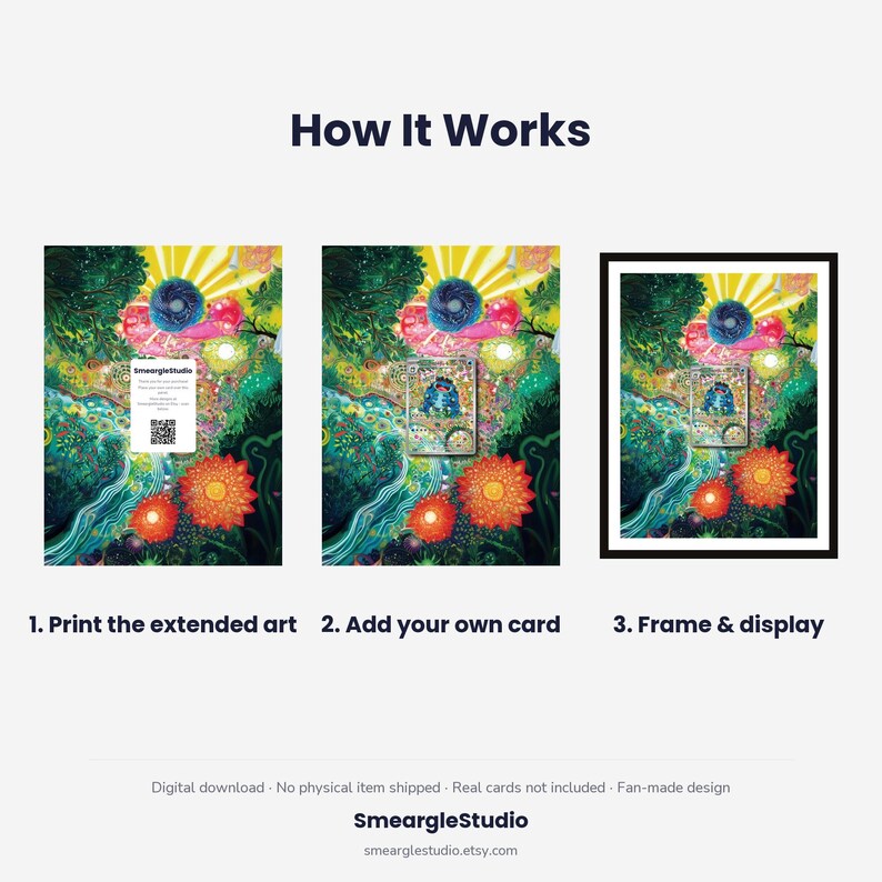 May include: A three-step instructional graphic titled How It Works showing a colorful, detailed fantasy art print. Step 1 shows the print with a QR code, step 2 shows a card placed on the print, and step 3 shows the print in a black frame.