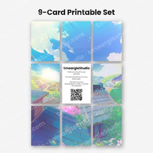 May include: A 9-card printable set featuring anime-style landscape illustrations with blue skies, clouds, rooftops, and greenery. The center card displays the text SmeargleStudio, a thank you message, and a QR code for further design access.