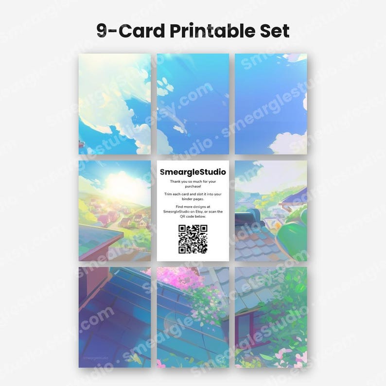 May include: A 9-card printable set featuring anime-style landscape illustrations with blue skies, clouds, rooftops, and greenery. The center card displays the text SmeargleStudio, a thank you message, and a QR code for further design access.