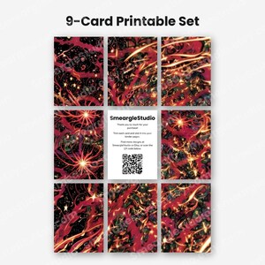 Pu&ograve; includere: Un set di 9 carte stampabili con uno sfondo scuro, motivi astratti rossi e arancioni vorticosi e luminosi bagliori di luce. La carta centrale mostra il testo SmeargleStudio, istruzioni per il ritaglio e un codice QR in bianco e nero.