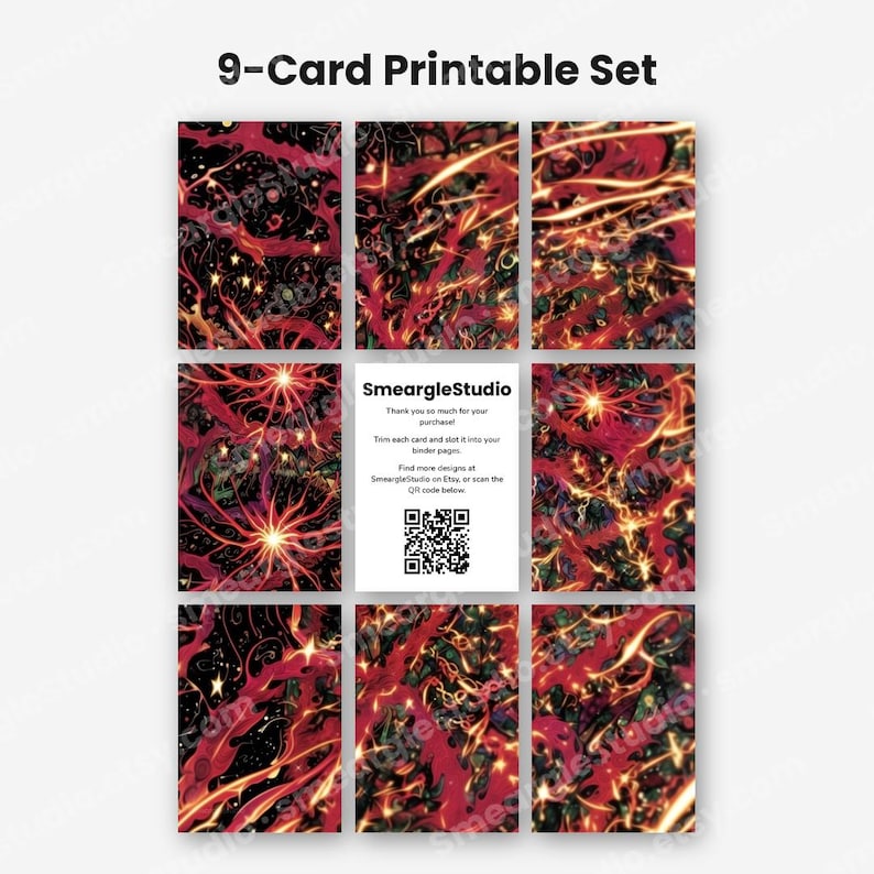 Pu&ograve; includere: Un set di 9 carte stampabili con uno sfondo scuro, motivi astratti rossi e arancioni vorticosi e luminosi bagliori di luce. La carta centrale mostra il testo SmeargleStudio, istruzioni per il ritaglio e un codice QR in bianco e nero.