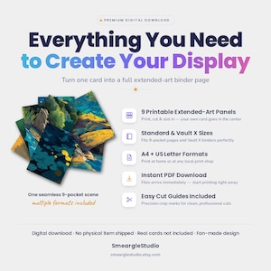K&ouml;nnte beinhalten: Ein digitales Download-Produkt mit 9 druckbaren Extended-Art-Panels f&uuml;r eine 9-Taschen-Ordnerseite. Das Design zeigt eine nahtlose Landschaftsszene in Blau-, Gr&uuml;n- und Gelbt&ouml;nen. Enth&auml;lt A4- und US-Letter-Formate mit Schnittmarkierungen.
