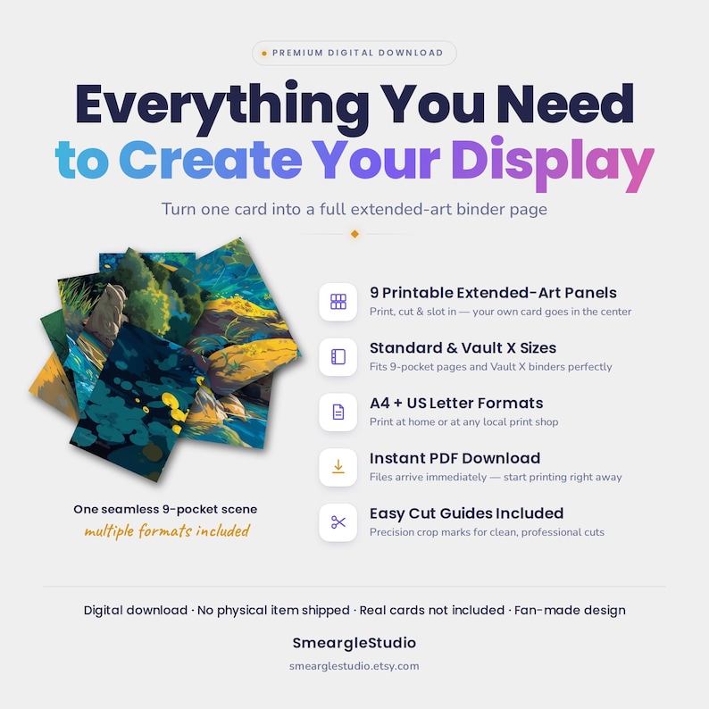 K&ouml;nnte beinhalten: Ein digitales Download-Produkt mit 9 druckbaren Extended-Art-Panels f&uuml;r eine 9-Taschen-Ordnerseite. Das Design zeigt eine nahtlose Landschaftsszene in Blau-, Gr&uuml;n- und Gelbt&ouml;nen. Enth&auml;lt A4- und US-Letter-Formate mit Schnittmarkierungen.