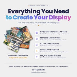 May include: A digital download product titled Everything You Need to Create Your Display, featuring 9 printable extended-art panels for binder pages. Includes A4 and US letter formats, cut guides, and a seamless 9-pocket scene design for cards.