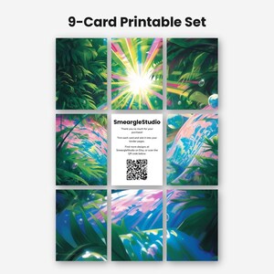 May include: A 9-card printable set featuring vibrant jungle-themed illustrations with green foliage, light rays, and bubbles. The center card displays the text SmeargleStudio, thank you instructions, and a QR code for further design access.