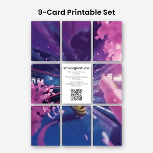 May include: A 9-card printable set featuring a purple and pink anime-style landscape with cherry blossoms and a train. The center card displays the text SmeargleStudio, thank you instructions, and a QR code for further design exploration.