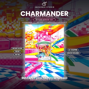 Può includere: Un set di 9 carte per raccoglitore con arte estesa ispirata a Charmander. Il design presenta vivaci motivi pixelati in giallo, rosa e blu, con il testo Charmander, No. 038, Mega Evolution Promos e Smeargle Studio chiaramente visibili.
