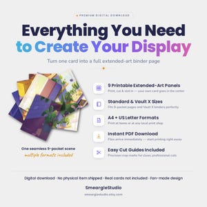 K&ouml;nnte beinhalten: Ein digitales Download-Produkt mit 9 druckbaren Extended-Art-Panels f&uuml;r Sammelordner. Der Text lautet Everything You Need to Create Your Display, 9 Printable Extended-Art Panels, Standard & Vault X Sizes, A4 + US Letter Formats, Instant PDF Download und Easy Cut Guides Included. Eine nahtlose 9-Taschen-Szene ist abgebildet.