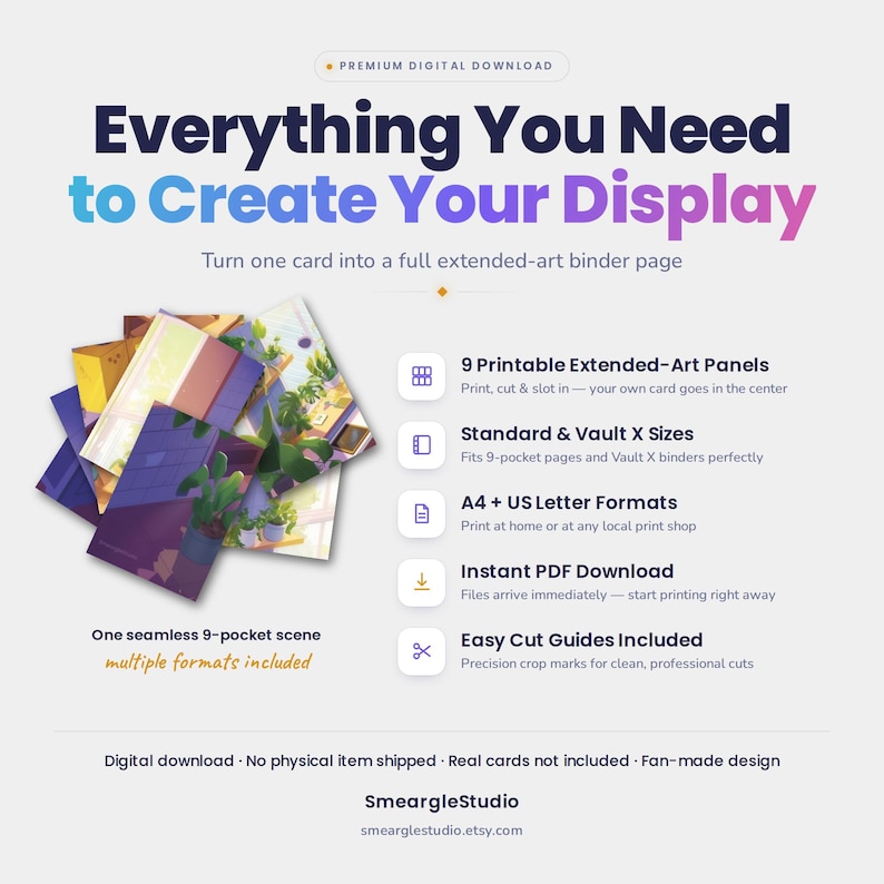 K&ouml;nnte beinhalten: Ein digitales Download-Produkt mit 9 druckbaren Extended-Art-Panels f&uuml;r Sammelordner. Der Text lautet Everything You Need to Create Your Display, 9 Printable Extended-Art Panels, Standard & Vault X Sizes, A4 + US Letter Formats, Instant PDF Download und Easy Cut Guides Included. Eine nahtlose 9-Taschen-Szene ist abgebildet.