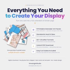 May include: A digital download product featuring 9 printable extended-art panels for binder pages. The graphic includes the text Everything You Need to Create Your Display, 9 Printable Extended-Art Panels, Standard & Vault X Sizes, A4 + US Letter Formats, Instant PDF Download, and Easy Cut Guides Included.