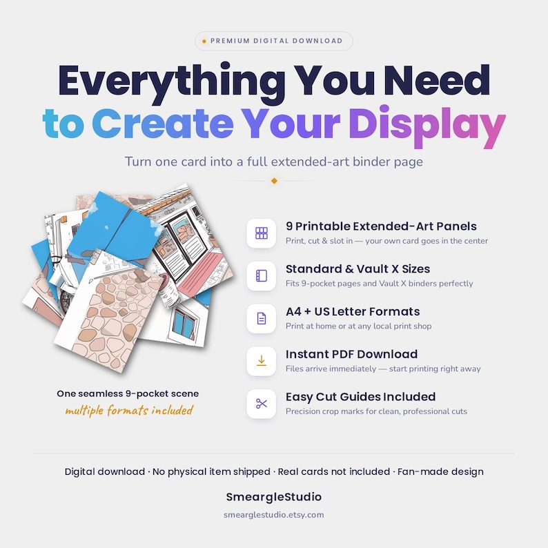May include: A digital download product featuring 9 printable extended-art panels for binder pages. The graphic includes the text Everything You Need to Create Your Display, 9 Printable Extended-Art Panels, Standard & Vault X Sizes, A4 + US Letter Formats, Instant PDF Download, and Easy Cut Guides Included.