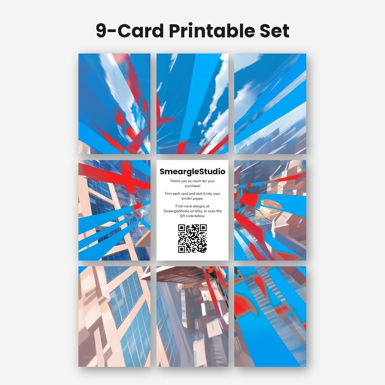May include: A 9-card printable set featuring abstract cityscapes with blue and red streaks across buildings and sky. The center card displays the text SmeargleStudio, instructions to trim and slot into binder pages, and a QR code for more designs.
