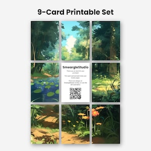 May include: A 9-card printable set featuring forest and nature illustrations. The center card displays the text SmeargleStudio, thank you notes, and a QR code. The surrounding cards depict lush green trees, a pond with lily pads, and wildflowers.
