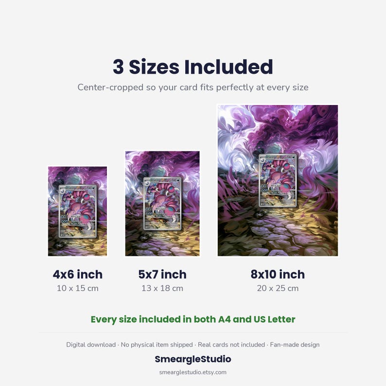 Puede incluir: Tres impresiones de arte digital con una criatura morada y rosa en un camino de piedra, etiquetadas con tama&ntilde;os de 10x15 cm, 13x18 cm y 20x25 cm. El texto dice 3 Sizes Included, Center-cropped so your card fits perfectly at every size, y Every size included in both A4 and US Letter.