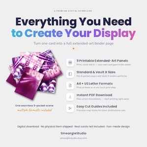 May include: A digital download featuring 9 printable extended-art panels for a 9-pocket binder page. The design displays a purple and pink abstract scene. Text includes Everything You Need to Create Your Display, 9 Printable Extended-Art Panels, Standard & Vault X Sizes, A4 + US Letter Formats, Instant PDF Download, and Easy Cut Guides Included.