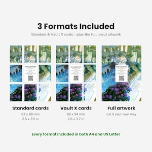 May include: A digital product display showing 3 Formats Included: Standard cards at 2.5 x 3.5 inches, Vault X cards at 2.6 x 3.7 inches, and full uncut artwork. Each format features a fantasy architectural scene with blue water and purple flowers.