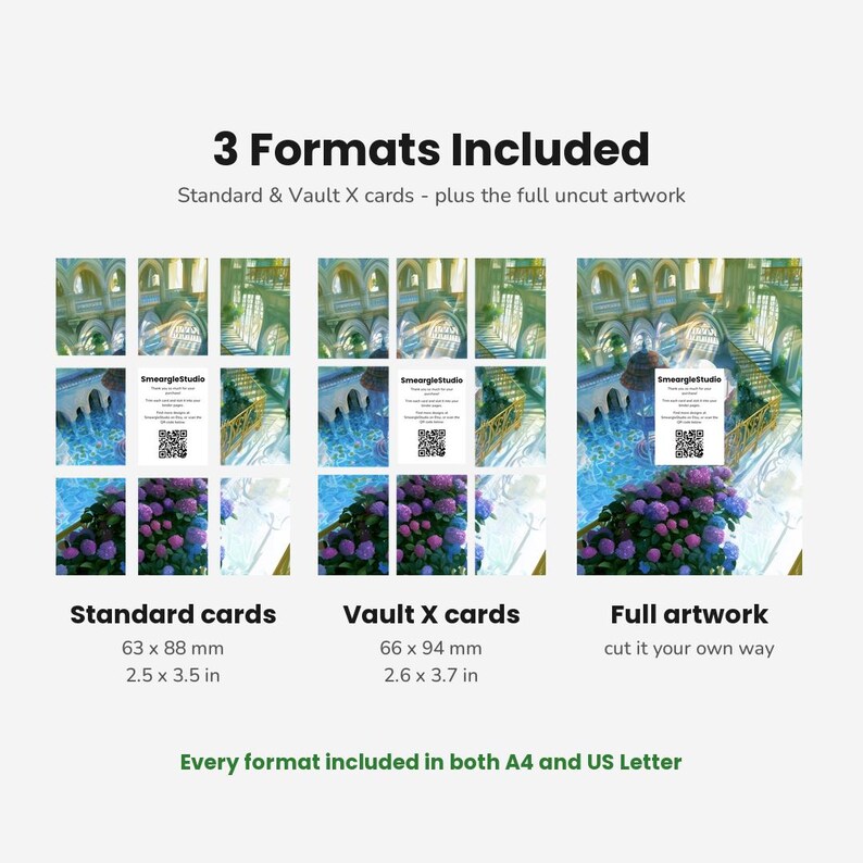 May include: A digital product display showing 3 Formats Included: Standard cards at 2.5 x 3.5 inches, Vault X cards at 2.6 x 3.7 inches, and full uncut artwork. Each format features a fantasy architectural scene with blue water and purple flowers.