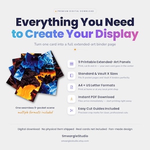 Puede incluir: Un producto de descarga digital que presenta una escena continua de 9 bolsillos con arte abstracto azul y naranja. El texto dice Everything You Need to Create Your Display, 9 Printable Extended-Art Panels, Standard & Vault X Sizes, A4 + US Letter Formats, Instant PDF Download y Easy Cut Guides Included.