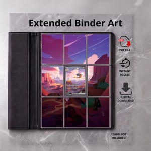 May include: A black trading card binder featuring nine clear pockets displaying a continuous landscape illustration of a desert at sunset with a single Charizard card in the center. Text reads Extended Binder Art, PDF File, Instant Access, Digital Download, and *Card Not Included.