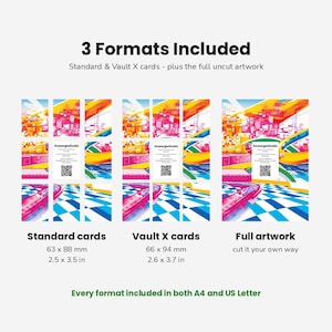May include: A digital product display showing 3 Formats Included: Standard cards at 2.5 x 3.5 inches, Vault X cards at 2.6 x 3.7 inches, and full artwork. The graphic features colorful abstract patterns, a checkered floor, and SmeargleStudio text.