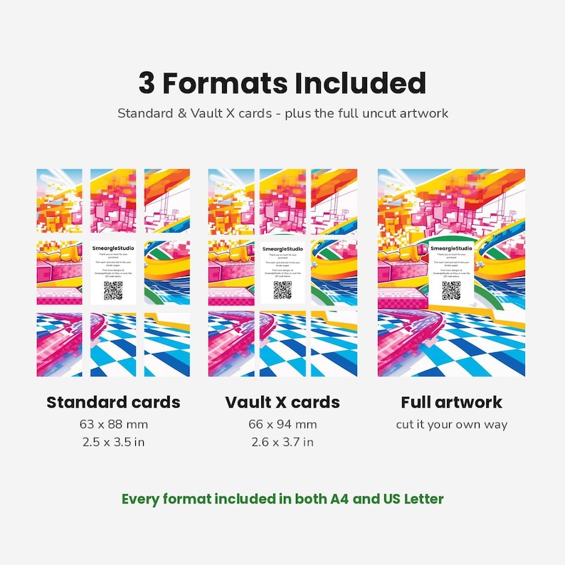 May include: A digital product display showing 3 Formats Included: Standard cards at 2.5 x 3.5 inches, Vault X cards at 2.6 x 3.7 inches, and full artwork. The graphic features colorful abstract patterns, a checkered floor, and SmeargleStudio text.
