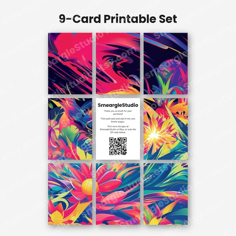 May include: A 9-card printable set featuring vibrant, abstract floral patterns in shades of pink, blue, yellow, and green. The center card displays the text SmeargleStudio, a thank you message, and a QR code for further design exploration.