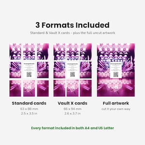 May include: A digital product display showing 3 Formats Included: Standard cards at 2.5 x 3.5 inches, Vault X cards at 2.6 x 3.7 inches, and full uncut artwork. The image features a purple concert stage background with a QR code and SmeargleStudio text.