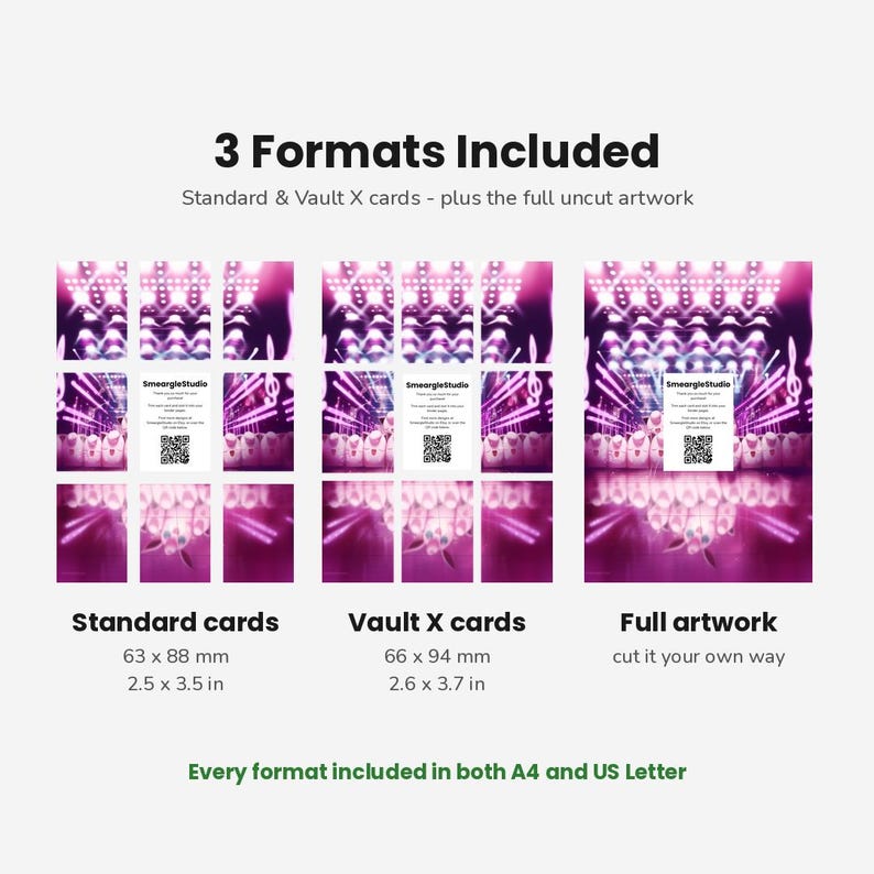 May include: A digital product display showing 3 Formats Included: Standard cards at 2.5 x 3.5 inches, Vault X cards at 2.6 x 3.7 inches, and full uncut artwork. The image features a purple concert stage background with a QR code and SmeargleStudio text.