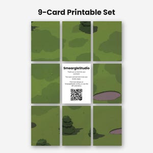 May include: A 9-card printable set featuring a green landscape pattern with bushes and small ponds. The center card displays the text SmeargleStudio, instructions for trimming and binder use, and a QR code. The title reads 9-Card Printable Set.
