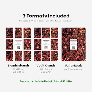 Pu&ograve; includere: Una visualizzazione di prodotto digitale che mostra 3 Formats Included: carte standard da 63 x 88 mm, carte Vault X da 66 x 94 mm e illustrazioni complete non tagliate. Il design presenta uno sfondo scuro con motivi astratti in rosso, oro e nero.
