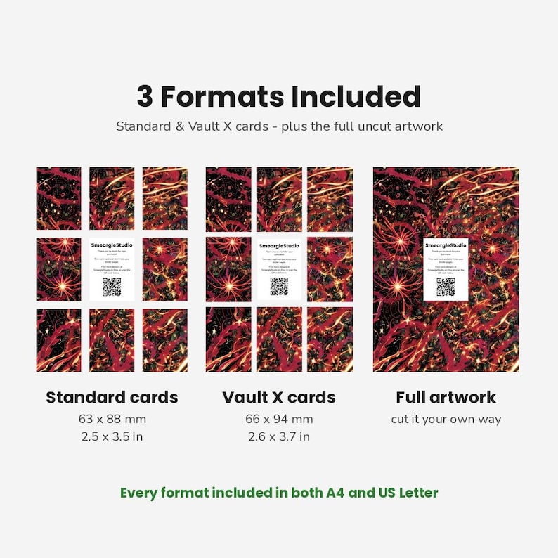 Pu&ograve; includere: Una visualizzazione di prodotto digitale che mostra 3 Formats Included: carte standard da 63 x 88 mm, carte Vault X da 66 x 94 mm e illustrazioni complete non tagliate. Il design presenta uno sfondo scuro con motivi astratti in rosso, oro e nero.