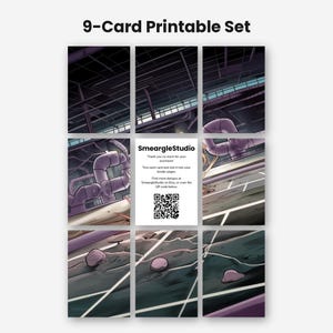 May include: A 9-card printable set featuring a grid of illustrated panels depicting a dark industrial scene with purple pipes and a ground surface. The center card displays the text SmeargleStudio, purchase instructions, and a QR code.