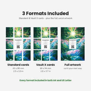 May include: A digital display showing 3 Formats Included: Standard cards at 63 x 88 mm (2.5 x 3.5 in), Vault X cards at 66 x 94 mm (2.6 x 3.7 in), and Full artwork. The graphic features a vibrant jungle scene with a QR code and text.