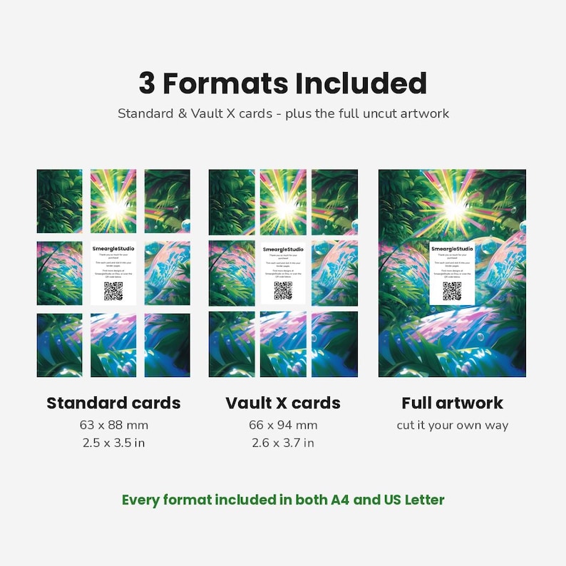 May include: A digital display showing 3 Formats Included: Standard cards at 63 x 88 mm (2.5 x 3.5 in), Vault X cards at 66 x 94 mm (2.6 x 3.7 in), and Full artwork. The graphic features a vibrant jungle scene with a QR code and text.