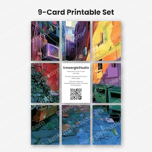 May include: A 9-card printable set featuring anime-style illustrations of urban alleyways and street scenes in vibrant colors. The center card displays the text SmeargleStudio, instructions for trimming, and a QR code for further designs.