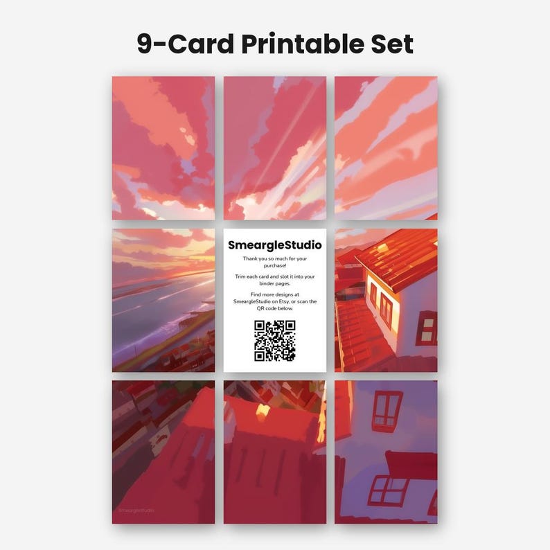 May include: A 9-card printable set featuring digital illustrations of sunset skies and coastal architecture. The center card displays the text SmeargleStudio, thank you instructions, and a QR code. The cards feature warm pink, orange, and purple hues.
