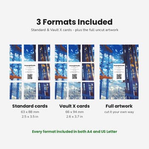 May include: A digital product display showing 3 Formats Included: Standard cards at 63 x 88 mm, Vault X cards at 66 x 94 mm, and full artwork. The image features a blue sky and construction crane graphic, with every format in A4 and US Letter.
