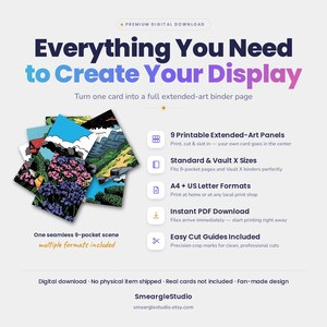 Peut inclure: Un produit en t&eacute;l&eacute;chargement num&eacute;rique comprenant 9 panneaux d'art &eacute;tendus imprimables pour classeurs de cartes. Le graphique affiche un paysage color&eacute; avec un ciel bleu, des collines vertes et des fleurs violettes, ainsi que des d&eacute;tails sur les formats.