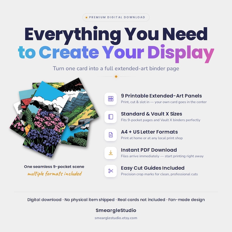 Peut inclure: Un produit en t&eacute;l&eacute;chargement num&eacute;rique comprenant 9 panneaux d'art &eacute;tendus imprimables pour classeurs de cartes. Le graphique affiche un paysage color&eacute; avec un ciel bleu, des collines vertes et des fleurs violettes, ainsi que des d&eacute;tails sur les formats.