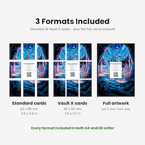 May include: A digital display showing 3 Formats Included: Standard cards at 63 x 88 mm, Vault X cards at 66 x 94 mm, and Full artwork. The image features a dark blue fantasy cave scene with pink plants. Every format is included in A4 and US Letter.